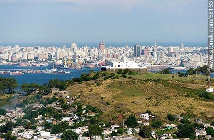 Aerial view of Cerro, its fortress, the bay and the city of Montevideo - Department of Montevideo - URUGUAY. Photo #58163