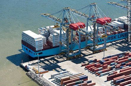 Aerial view of cranes at Terminal Cuenca del Plata in operation unloading containers from a freighter Maersk Line - Department of Montevideo - URUGUAY. Photo #58249
