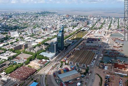 Aerial view of sheds and containers of the  port of Montevideo. Antel Tower. Aguada Park - Department of Montevideo - URUGUAY. Photo #58939