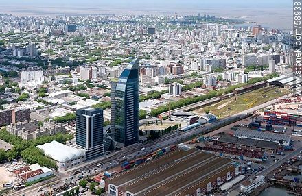 Vista aérea de galpones y contenedores del puerto de Montevideo. Torre de Antel. Aguada Park - Departamento de Montevideo - URUGUAY. Foto No. 58938