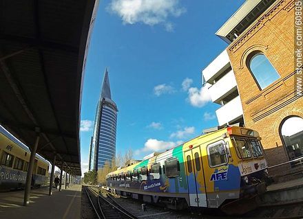 Platform of the Central Station with a Swedish train and Antel tower at background - Department of Montevideo - URUGUAY. Photo #60805