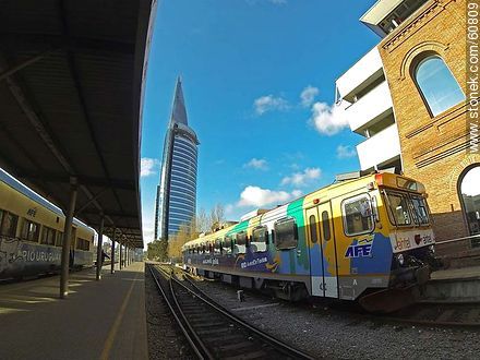 Platform of the Central Station with a Swedish train and Antel tower at background - Department of Montevideo - URUGUAY. Photo #60809