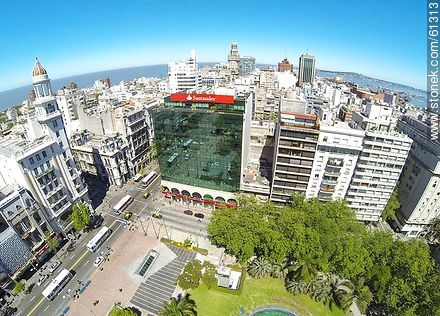 Aerial photo of Avenida 18 de Julio and Julio Herrera y Obes St. Rex Building, Santander and Republica banks - Department of Montevideo - URUGUAY. Photo #61313