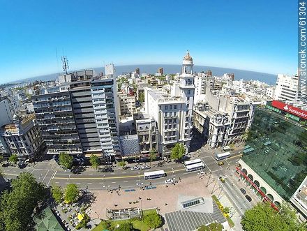 Aerial photo of Avenida 18 de Julio and Julio Herrera y Obes St. Rex Building, Santander and Republica banks - Department of Montevideo - URUGUAY. Photo #61304