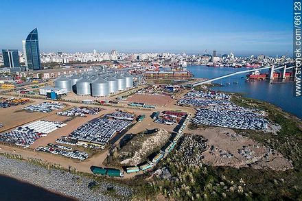 Aerial photo of the port. Silos and imported vehicles - Department of Montevideo - URUGUAY. Photo #66123