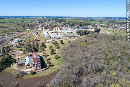 Aerial view of the town and OSE's water treatment plant - Department of Canelones - URUGUAY. Photo #68309