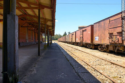 Estación de trenes. Línea de vagones de carga frente al andén - Departamento de Florida - URUGUAY. Foto No. 69994