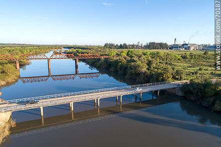 Aerial view of the road and rail bridges over the Olimar Chico River - Department of Treinta y Tres - URUGUAY. Photo #70187