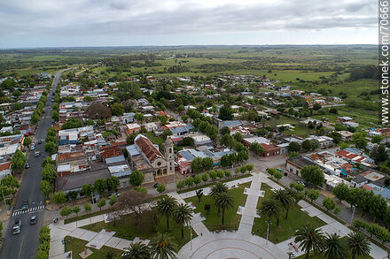 Aerial view of Lázaro Cabrera square and Nuestra Señora del Carmen parish - Lavalleja - URUGUAY. Photo #70666