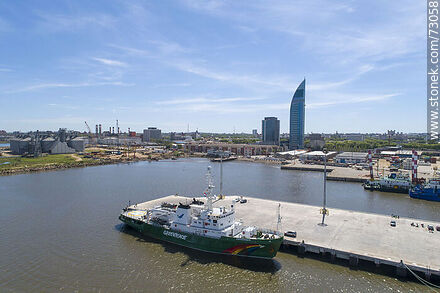 Aerial view of the Greenpeace ship Esperanza docked at pier C. - Department of Montevideo - URUGUAY. Photo #73058