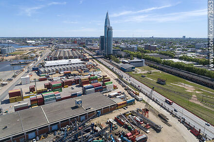 Aerial view of the rambla Sudamérica, the Antel complex, containers and warehouses in the port area in 2019. - Department of Montevideo - URUGUAY. Photo #73053