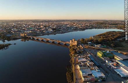 Aerial photo of the Baron de Mauá bridge linking the cities of Rio Branco and Jaguarão over the Yaguarón river. On the left bank: Jaguarão - Department of Cerro Largo - URUGUAY. Photo #74696