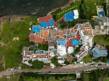 Vertical aerial view of Hotel Casapueblo - Punta del Este and its near resorts - URUGUAY. Photo #77078
