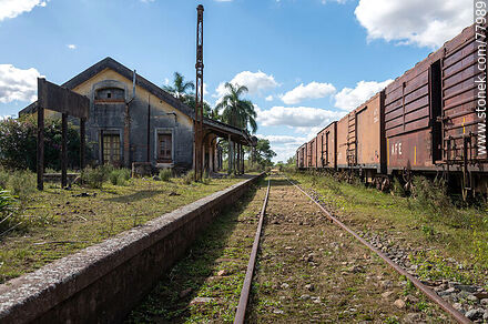 Antigua estación de ferrocarril Julio M. Sanz. Andén y fila de vagones de carga - Departamento de Treinta y Tres - URUGUAY. Foto No. 77989