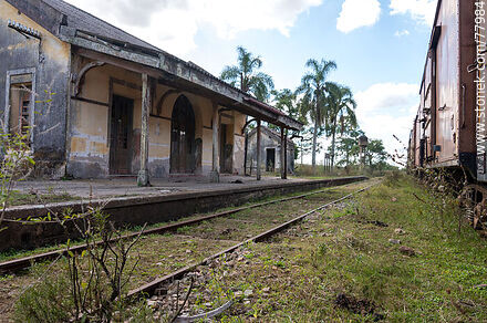 Antigua estación de ferrocarril Julio M. Sanz. Andén y fila de vagones de carga - Departamento de Treinta y Tres - URUGUAY. Foto No. 77984