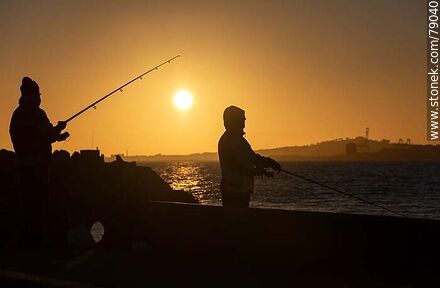 Backlit fishermen in Punta Carretas at sunset - Department of Montevideo - URUGUAY. Photo #79040