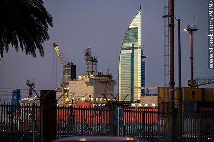 The port and the Antel tower reflecting the last of the sunlight - Department of Montevideo - URUGUAY. Photo #79197