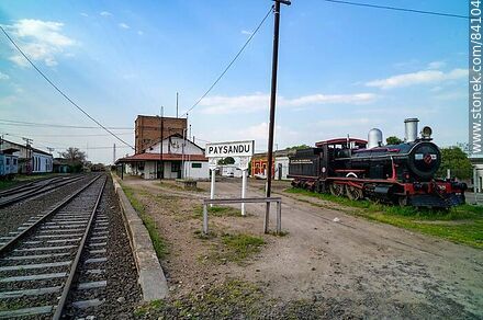 Paysandú train station. Locomotive 88N, historical heritage. Station sign - Department of Paysandú - URUGUAY. Photo #84104