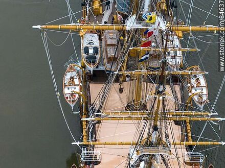 Aerial view of the deck detail of the training ship Amerigo Vespucci navegndo. - Department of Montevideo - URUGUAY. Photo #84637