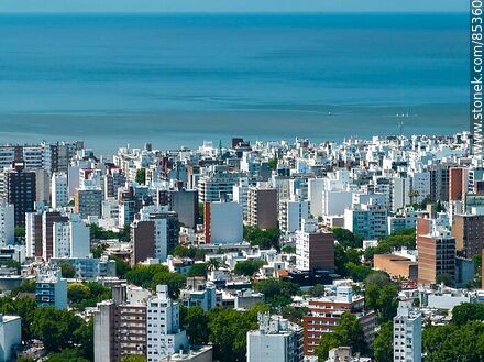 Aerial view of buildings in the city of Montevideo with the Rio de la Plata in the background - Department of Montevideo - URUGUAY. Photo #85360