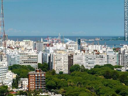 Aerial view of buildings in Montevideo and the former Swift meat packing plant on the Cerro - Department of Montevideo - URUGUAY. Photo #85350