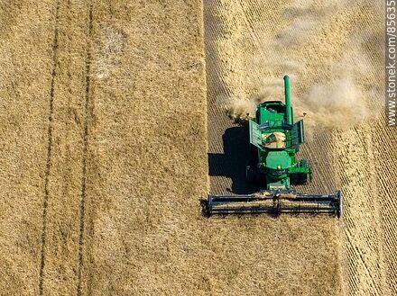 Aerial view of a combine harvester harvesting and threshing barley -  - URUGUAY. Photo #85635