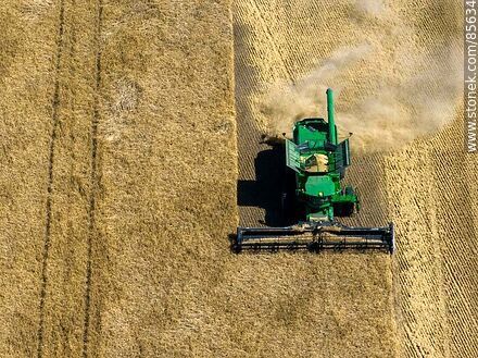 Vista aérea de una cosechadora segando y trillando cebada - Departamento de Río Negro - URUGUAY. Foto No. 85634