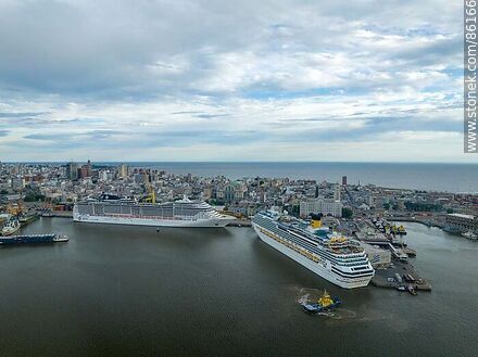 Aerial view of the port of Montevideo with the cruise ships MSC Preziosa and Costa Favolosa - Department of Montevideo - URUGUAY. Photo #86166